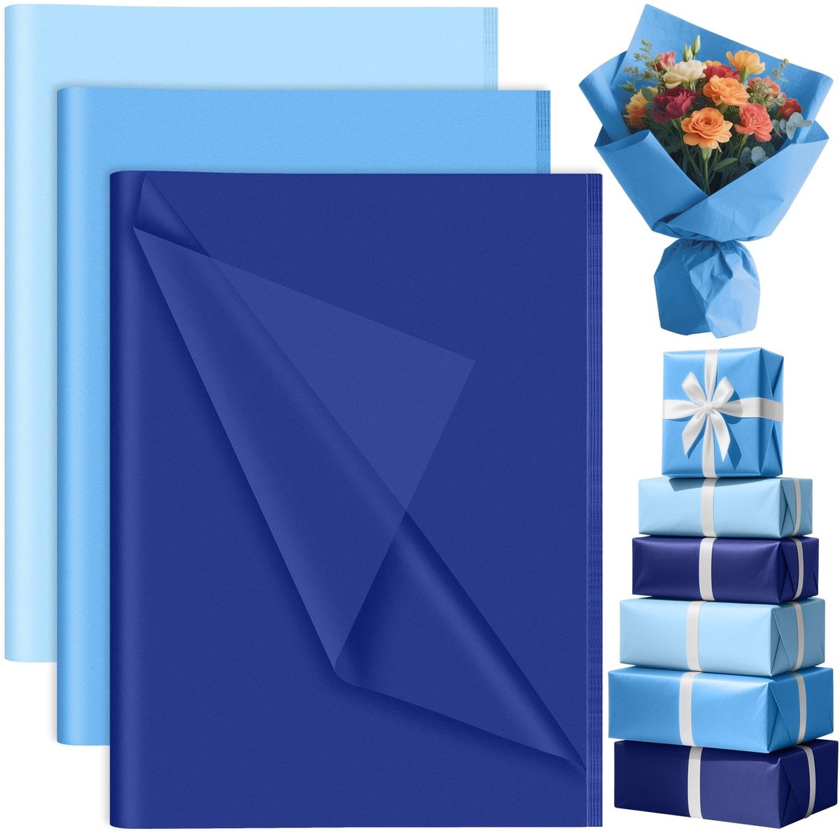 Dailygoods- Vloeipapier Blauw 90 Vellen - Tissuepapier Bulk - Geschenkverpakking - Babyshower Decoraties - Vrijgezellenfeest - 50x35 cm - Inpakpapier