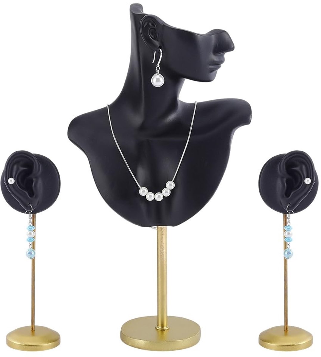 Dailygoods- Sieradenstandaard met 2 Oorbelhouders - Hars Pop Torso - Tentoonstellingsstandaard - Goudkleurige IJzeren Steun - 32 cm Hoog - Sieradenbuste