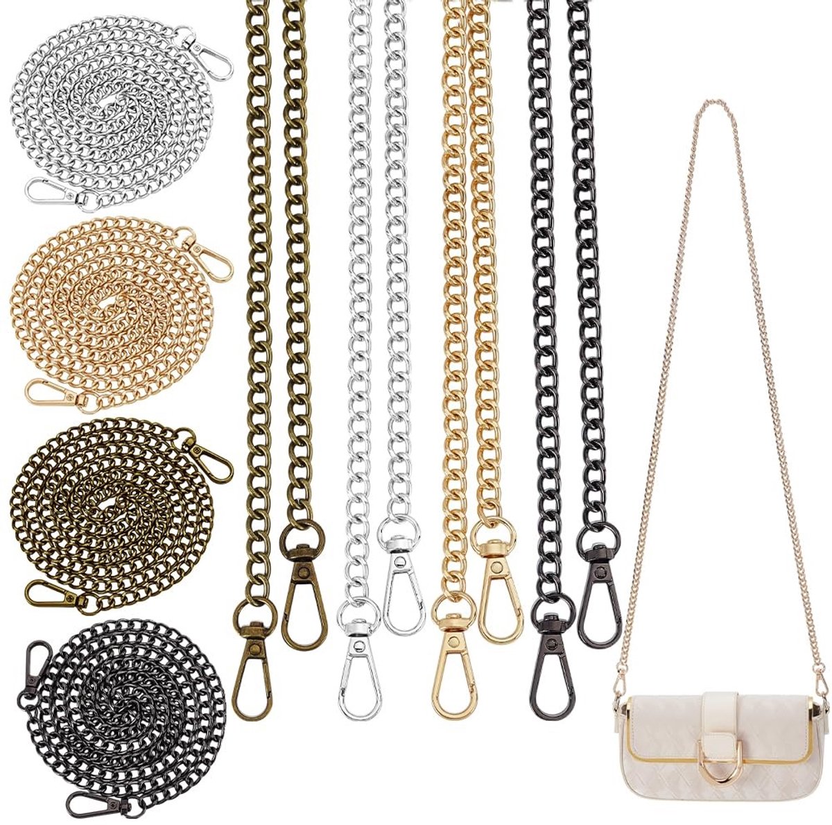 Dailygoods- Portemonnee Ketting 1205mm - Zinklegering - Draaibare Sluitingen - 8 Stuks - 4 Kleuren - Handtas Bandjes - Tasband