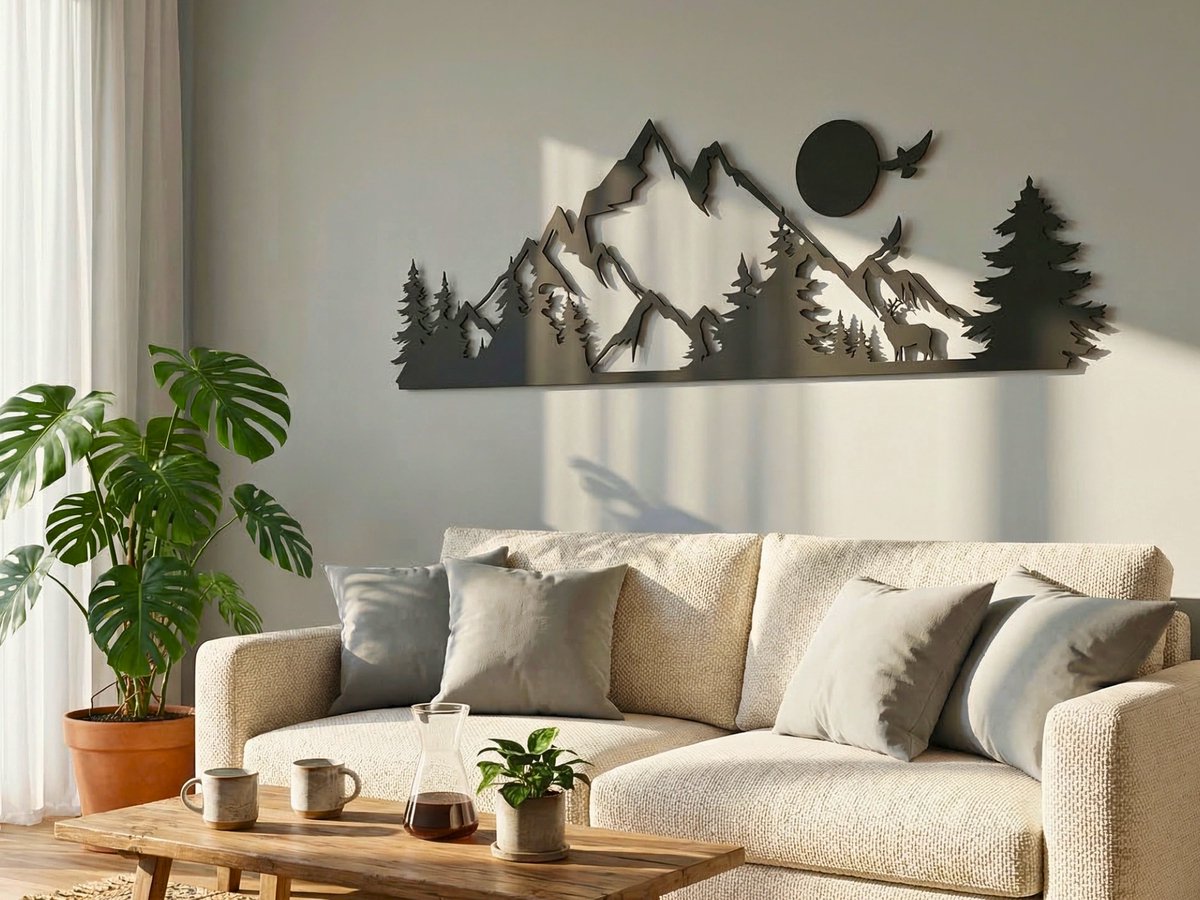 Wanddecoratie Bergen, Houten Wandbeeld, 3D Wanddecoratie voor Thuis, Moderne Beelden voor Huis Kantoor Slaapkamer, Woonkamer en Keuken - 100x31 cm