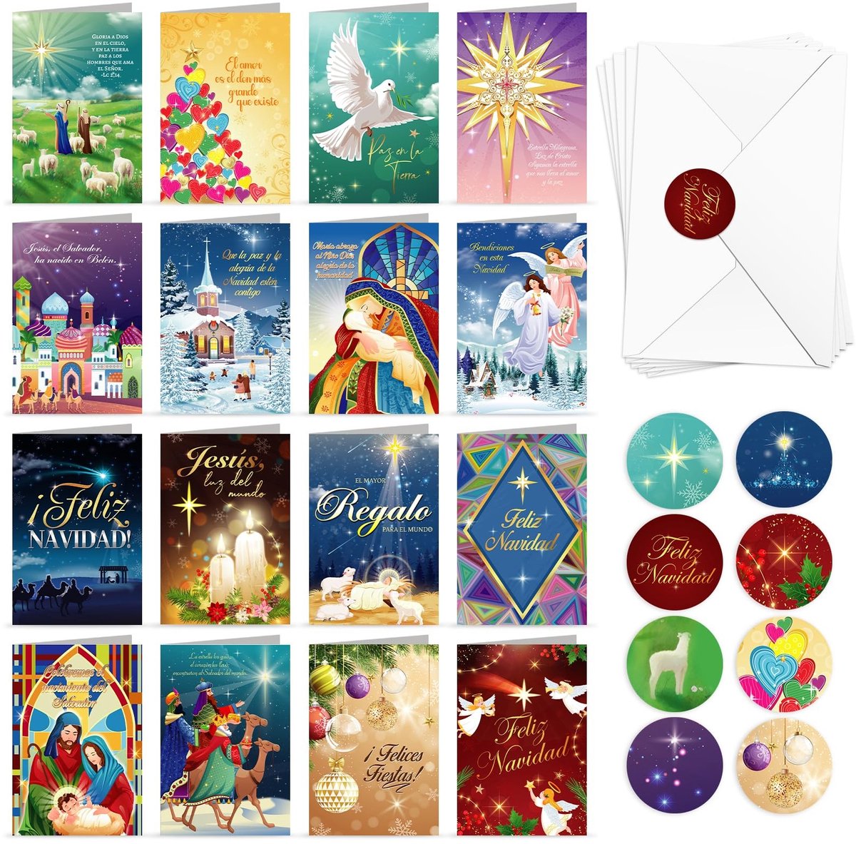 Dailygoods- Kerstkaarten 16 Stuks - Kerstkaarten Borduren - Kerstkaarten Diamond Painting - Santa en Feliz Navidad - Religieuze Kaarten - Met Enveloppen - Feestkaarten