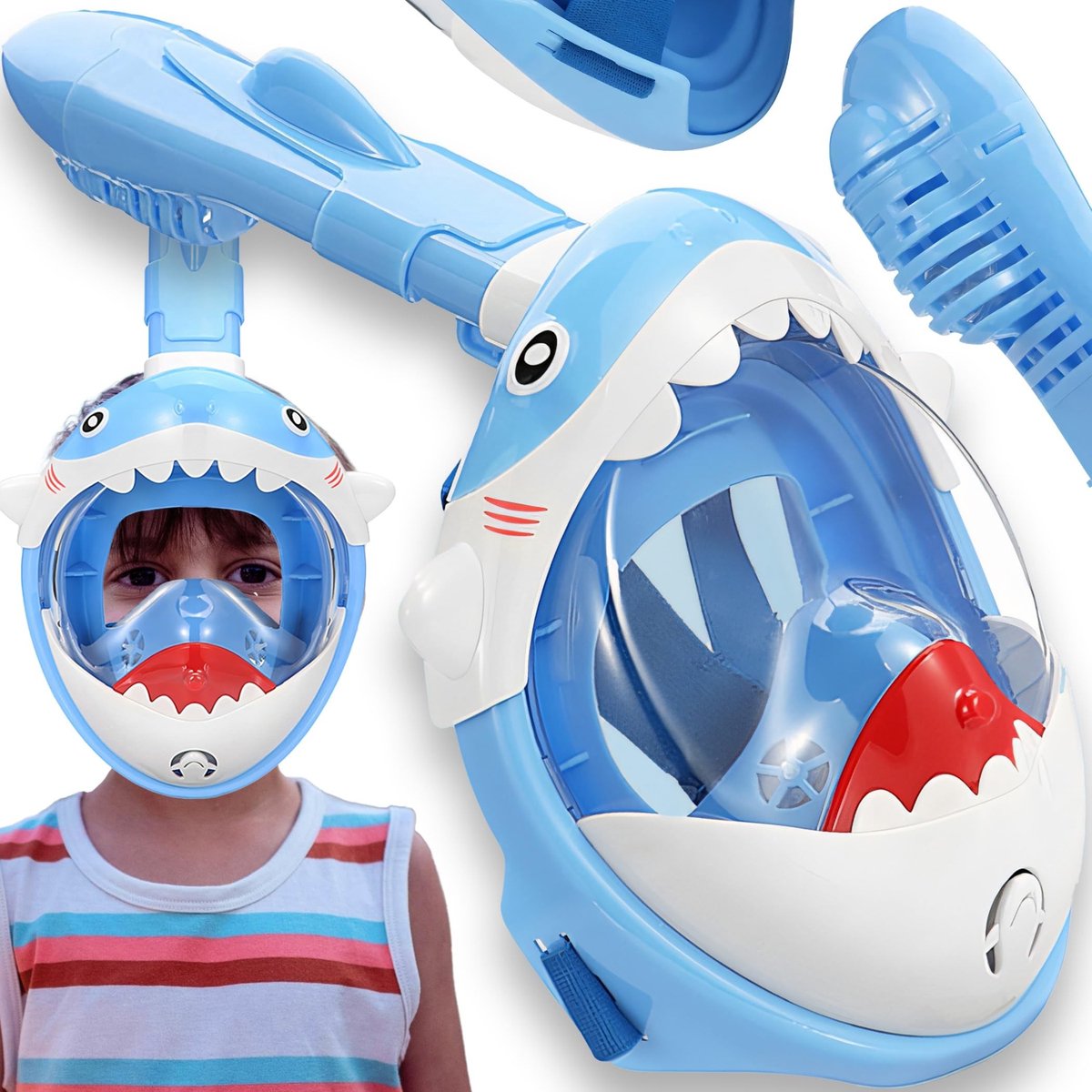 Dailygoods- Snorkelmasker Kinderen 180° Panorama-zicht - Volgelaatsmasker - Dry Top-technologie - Zachte Siliconen Afdichting - Verstelbare Banden - Haai-design - Duikmasker
