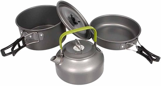 3-delige set - Kookgerei voor op de camping - Kookset voor buiten - Servies voor op de camping - Reisservies - Picknickset voor wandelen - Geschikt voor koken in de buitenlucht, wandelen en kamperen - 2 pannen en 1 waterkoker - Grijs — afbeelding 5