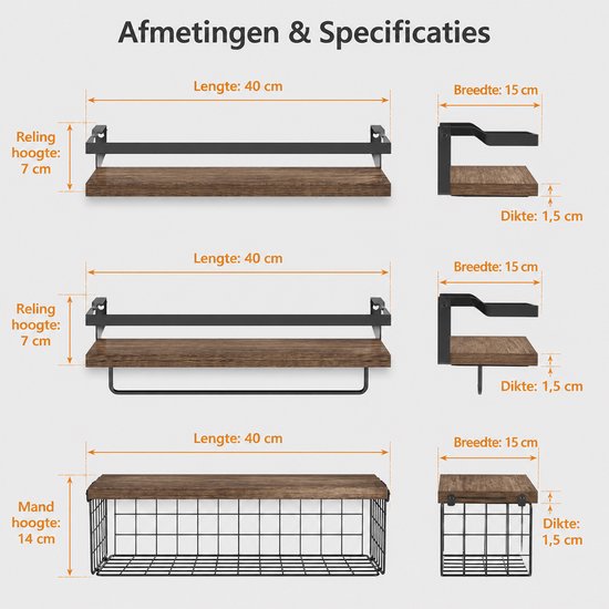 Afmetingen van een 3-delige houten wandplank met metalen rekken: 40cm lengte, 15cm breedte, 1.5cm dikte.