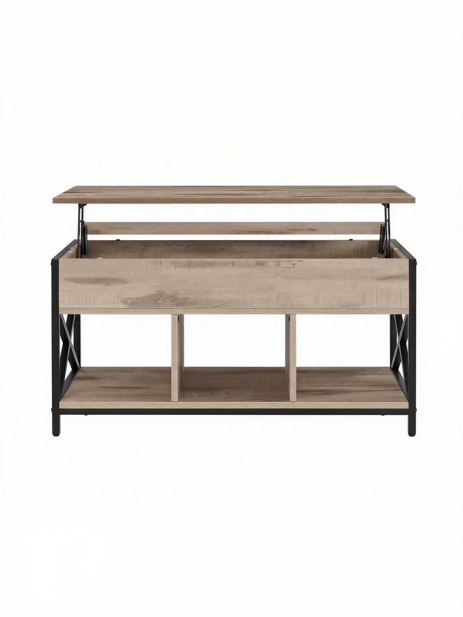 Vasagle Salontafel - Bijzettafel - Verstelbaar Blad - 1 Verborgen Vak - 3 Open Vakken Camelbruin-Zwart