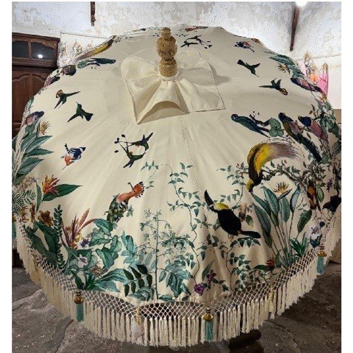 Bali Parasol Veelkleurig Vogels Ø185 - Wit - Witte Franjes