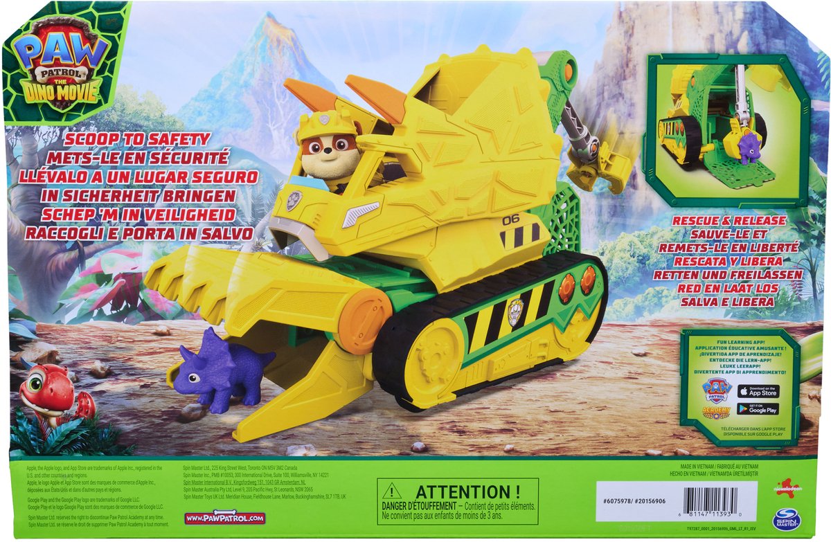 PAW Patrol - De Dino Film - Chomp & Rescue Bulldozer met Rubble-figuur en dinosaurusfiguur, voertuig met happende actie en reddingsklauw - 23 cm — cadeau in Spellen & Speelgoed - foto 4