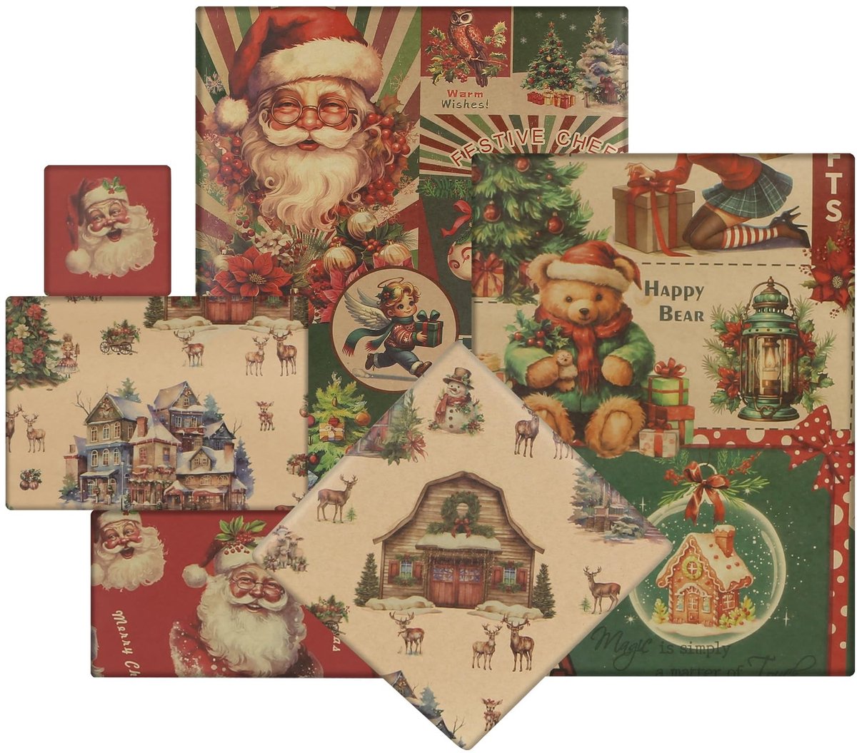 Dailygoods- Kerstinpakpapier set van 4 vellen - Vintage cadeaupapier - Kraftpapier met kerstmotieven - Geschikt voor kinderen - Stevig en zacht - Ideaal voor kerst- en nieuwjaarsgeschenken