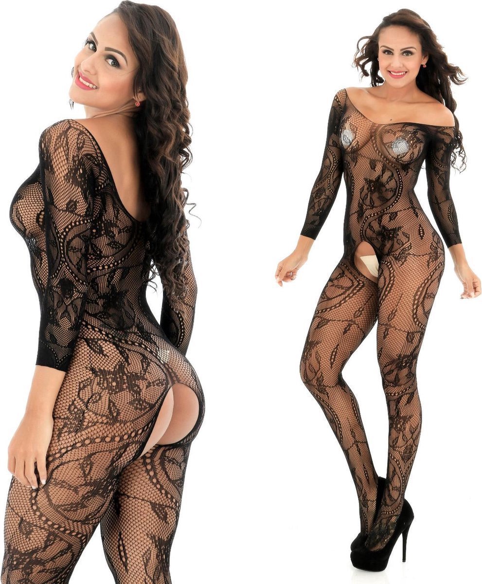 Okado Catsuit Bodystocking Dames Zwart – Transparante Body Panty Lingerie met Open Kruis – One Size 158/174 – Spandex