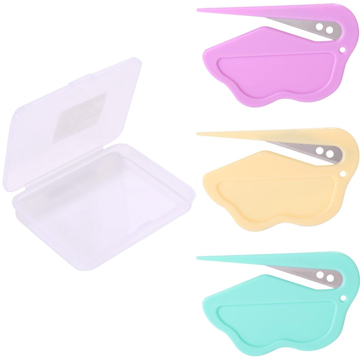 Dailygoods- Envelopopener Set - 3 Stuks - Veilig Verborgen Mes - Postopeningsgereedschap - Lichtpaars/Geel/Blauw - 8x5cm - Inclusief Opbergdoos - Briefopener