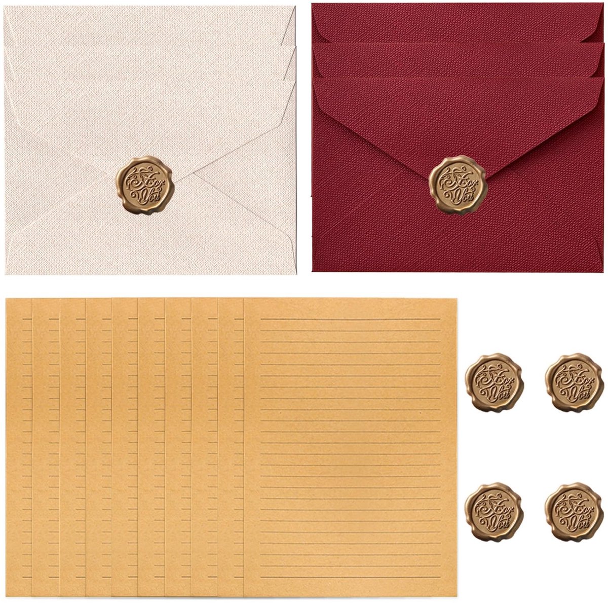 Dailygoods- Briefpapierset Vintage - 6 Linnen Enveloppen - 10 Vellen Briefpapier - Waszegelstickers - Bruiloft/Uitnodigingen - Papiermateriaal