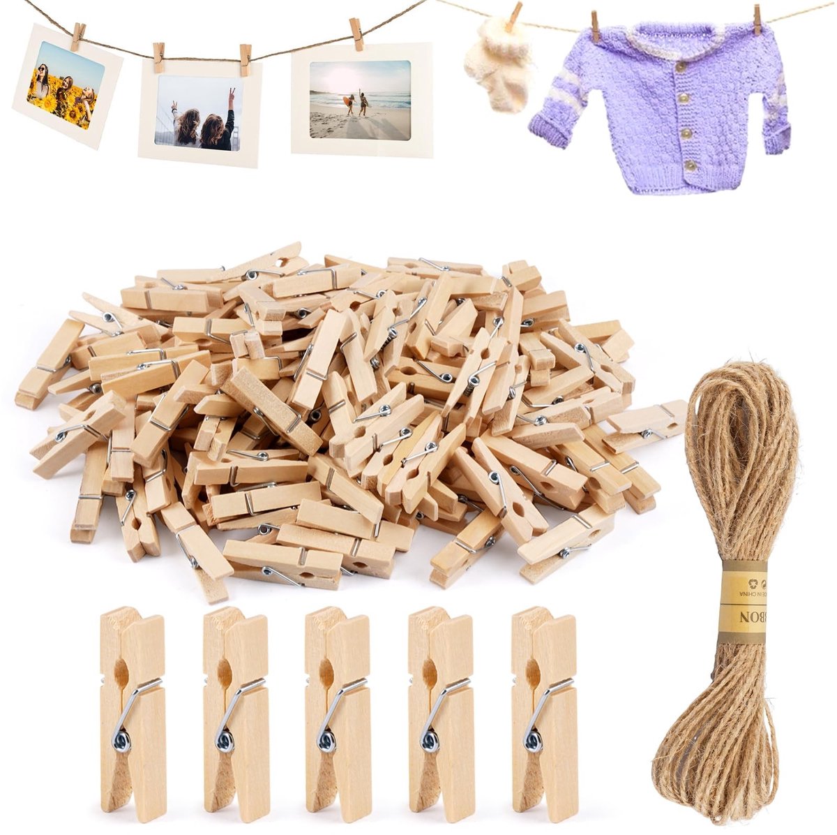 Dailygoods- Wasknijpers 150 Stuks - Kleine Houten Knijpers 3.5cm - Draagbare Knijpers voor Kleding/Foto's - Jute Touw 10m - Perfect voor Decoratie