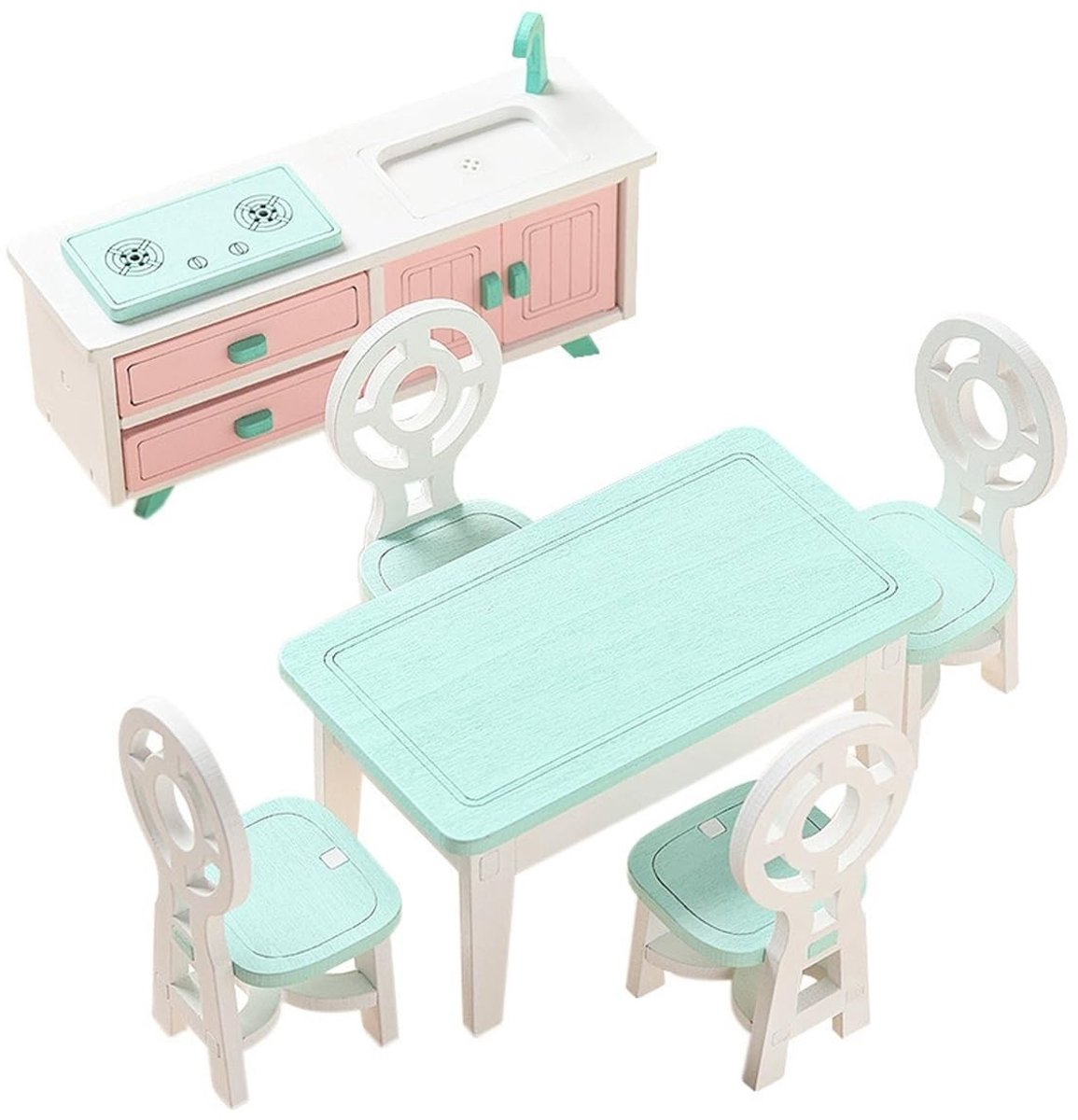 Dailygoods- Miniatuur Keuken Set - Poppenhuis Meubels Hout - Eettafel/Stoelen - 1:12 Schaal - Roze/Groen/Wit - Uitstekend Vakmanschap - Poppenhuismeubels