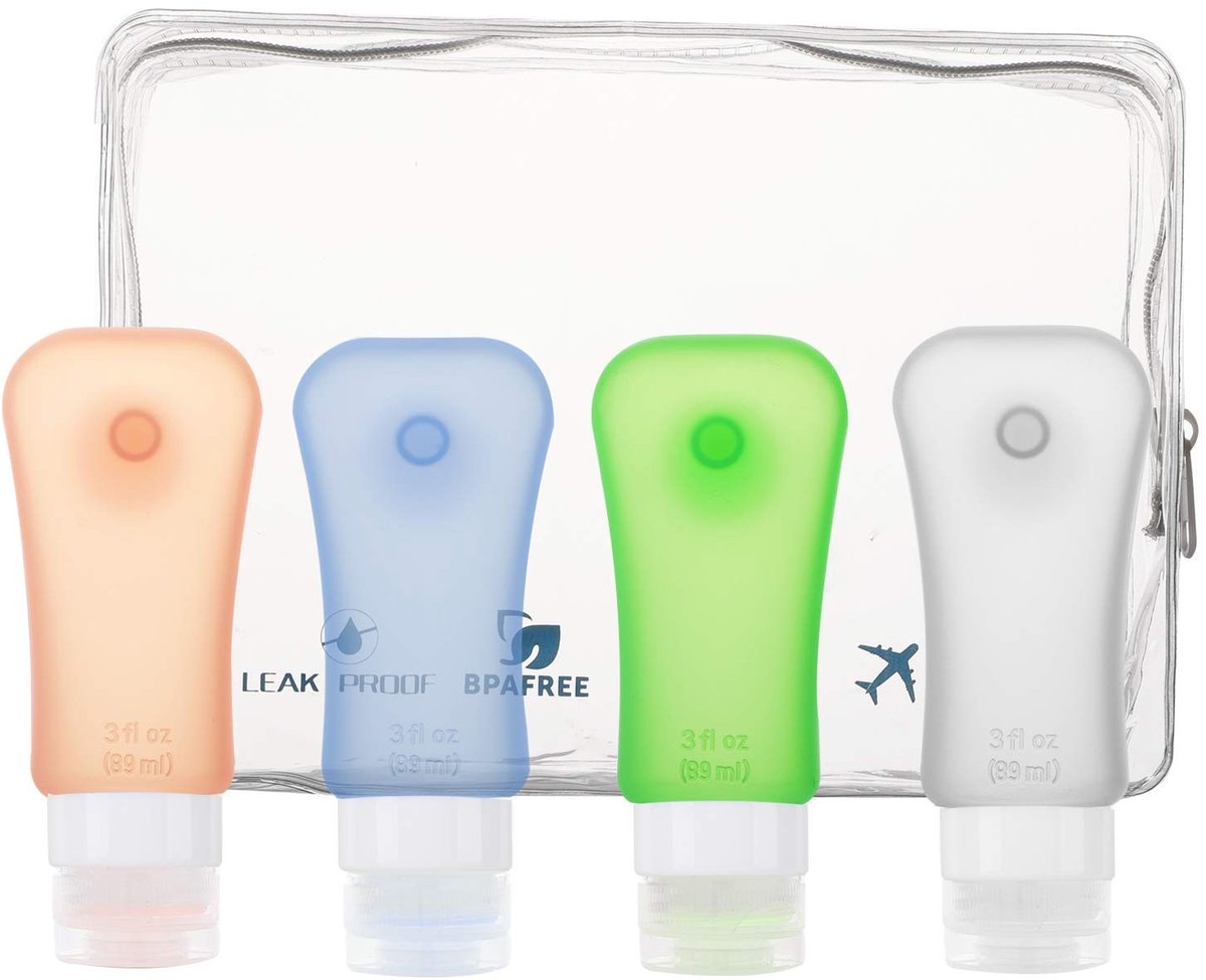 Dailygoods- Reisset 90ml - Silicone Reisflesjes - Lekvrij - Herbruikbaar - BPA Vrij - Handbagage Goedkeuring - Reisbottles