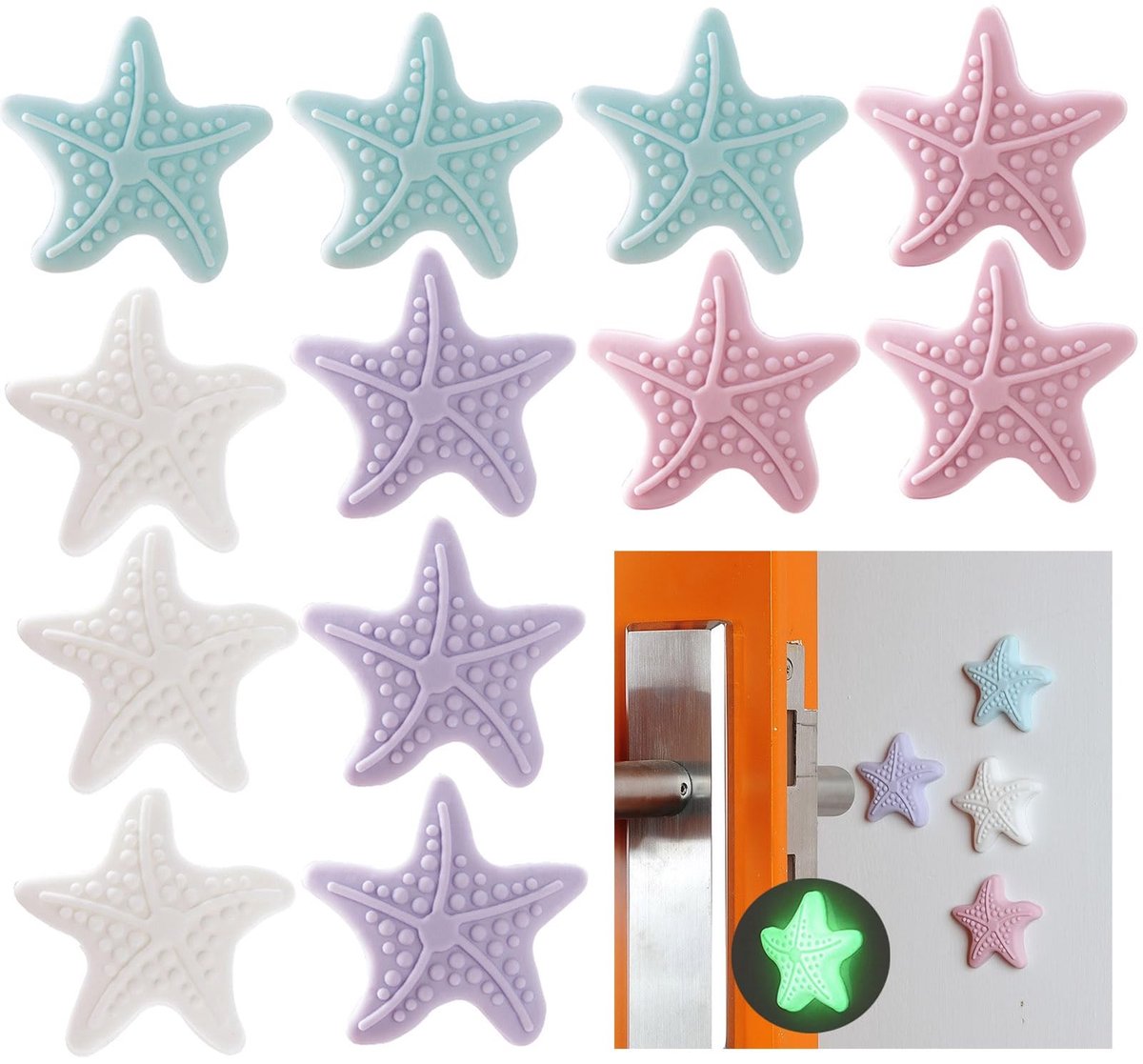 Dailygoods- Deurstoppers 12 Stuks - Siliconen Deurstopper - Stervormige Deurwig - Bescherming Deurhandvat - Antislip - Lichtgevend Effect - Deurbumpers