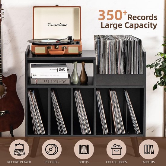 Platenspeler Tafel - Platenspeler Standaard - Vinyl Opbergkast voor 350+ Elpees - Retro Platenkast Mid-Century Modern - Vinyl Storage Meubel met Verstelbare Plank - Audiomeubel & Platenspeler Meubel - Platenhouder - Zwart — afbeelding 3