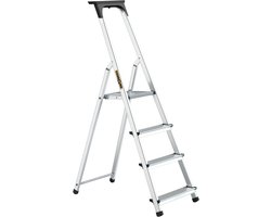 Drabest - huishoudladder - trapladder - 4 treden - werkhoogte 2,75 m - klapladder van aluminium, max. 125 kg, met praktische opbergruimte - aluminium ladder met platform 25x26 cm, antislipvoeten