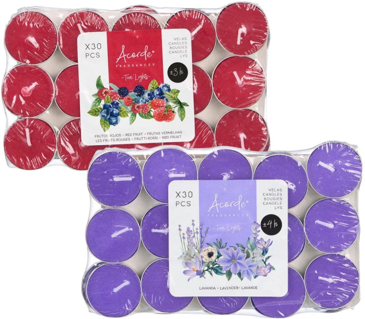 Atmosphera Acorde theelichtjes - 60x - 30x rode vruchten - 30x lavendel - aroma/geurkaarsen Paars