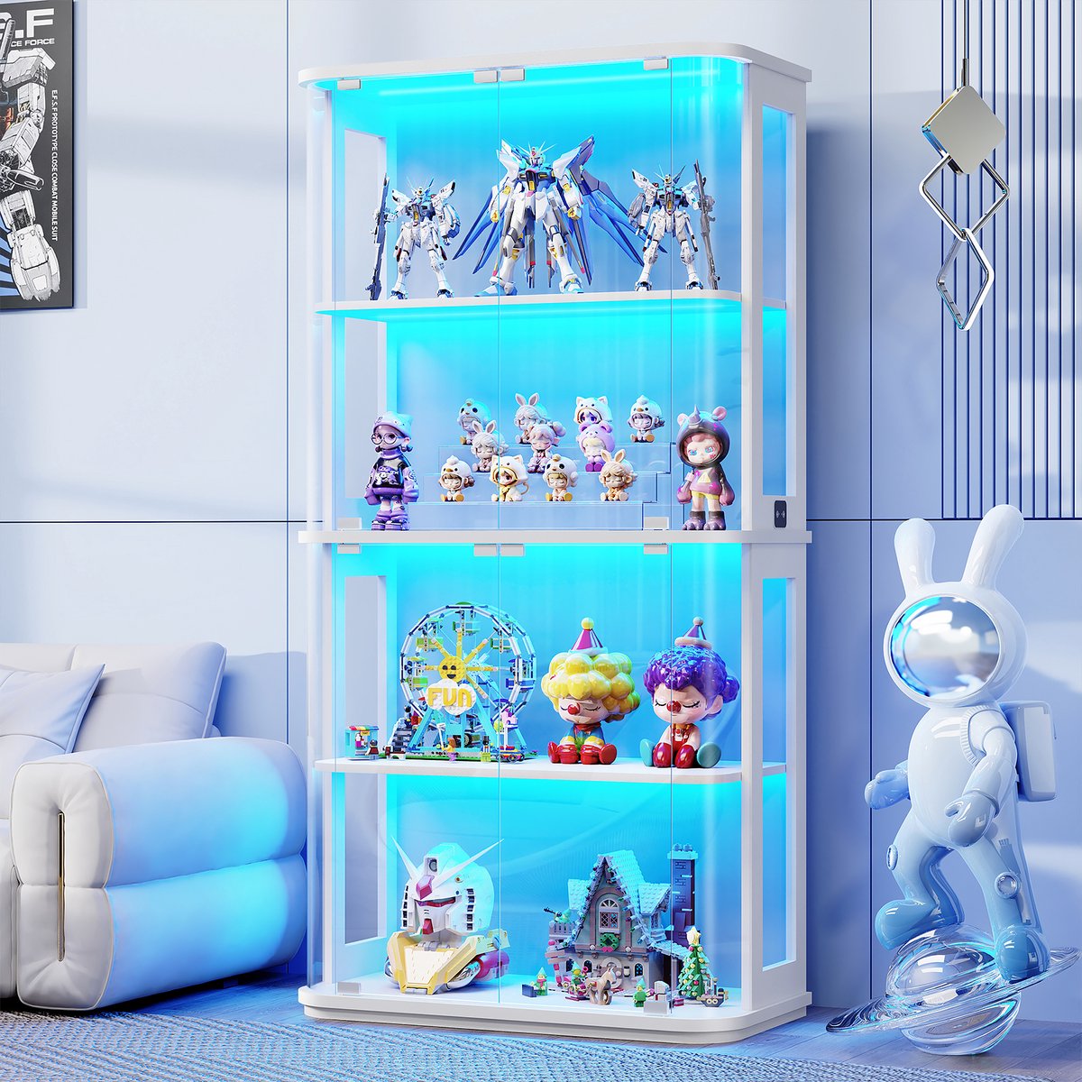 BROTTAR - Ronde glazen vitrine met 4 niveaus - LED-verlichting met kleurmodi - Bewegingssensor - Push-open glazen deuren - Voor figuren & verzamelingen