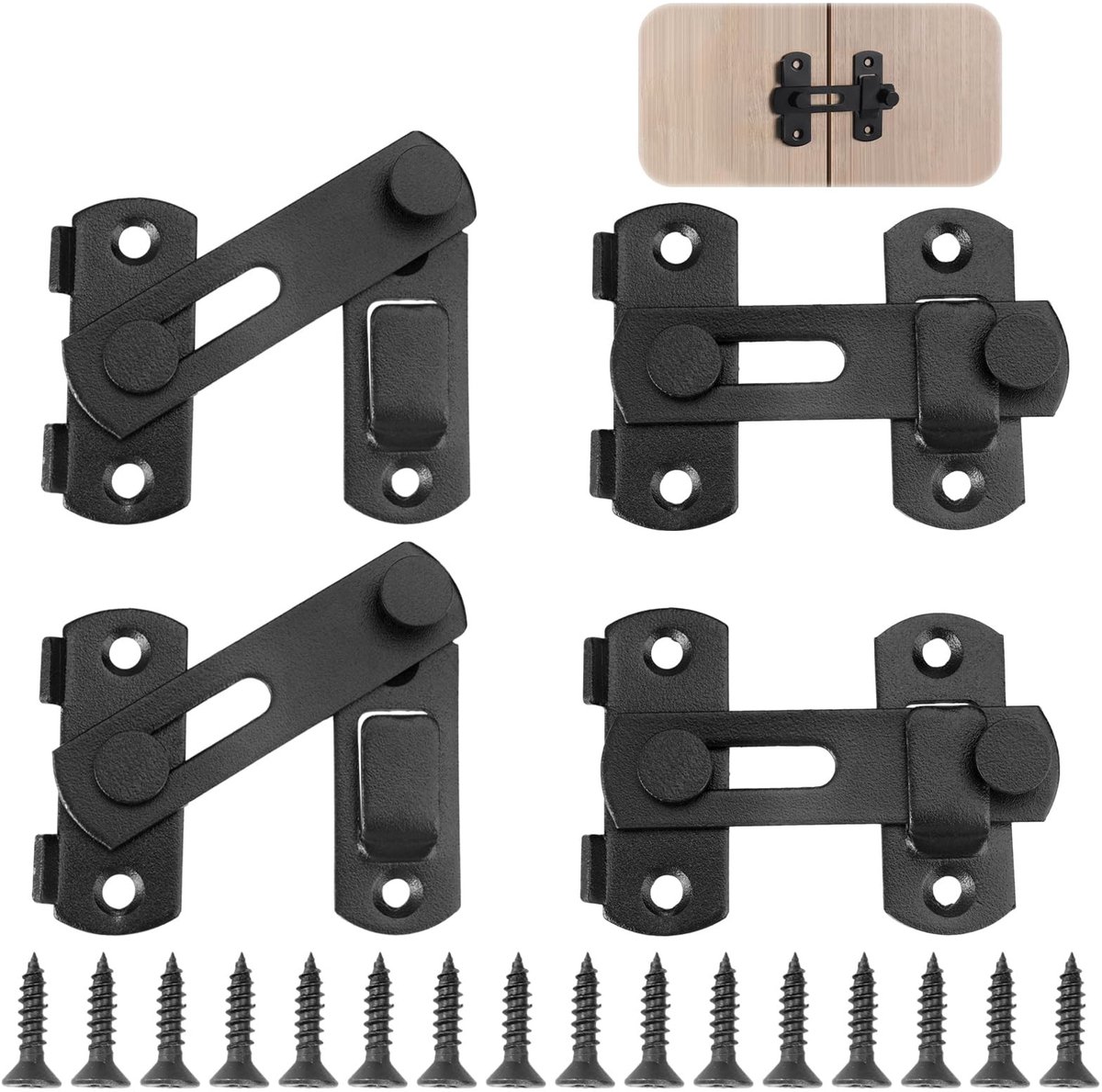 Dailygoods- Deurgrendels Heavy Duty - 4 stuks - Roestvrij Staal - Zwart - Schuifslot - Inclusief Schroeven - Afmetingen 70 x 49 x 20 mm