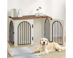 Hzuaneri 108cm Dog Crate Furniture Dog Box, 3 Doors, Curved Door, Modern Dog Boxes Indoor For Dogs, Side Table, Dog Cage For Home, Robust Dog Box, 108 x 64 x 76 cm, White and Brown