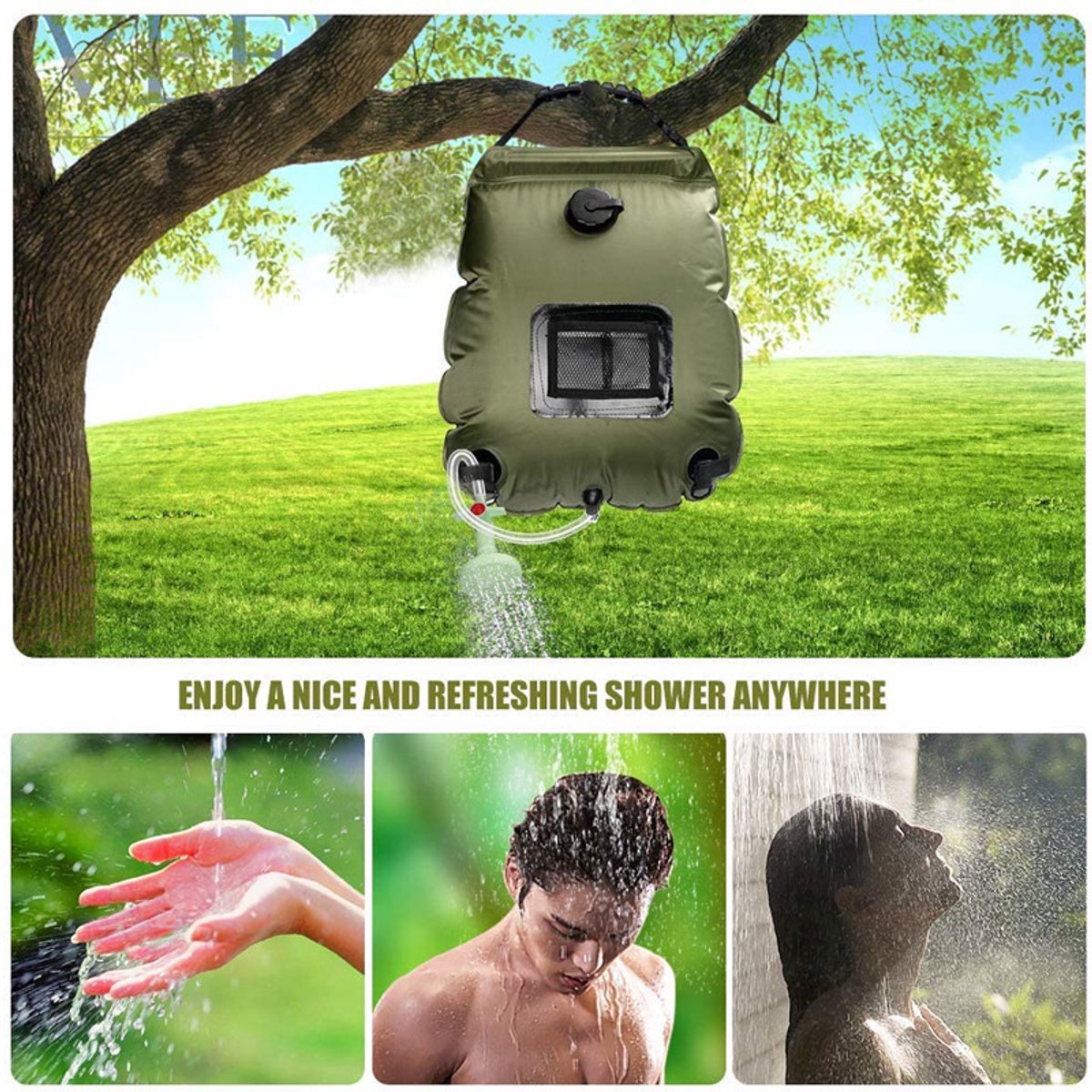 Buitendouche zonneenergie - Campingdouche - Tuindouche - Huitendouche camper - Douchezak voor kamperen en reizen - Buitendouche warm water outdoors - Legergroen - PVC - 20L thumbnail 4