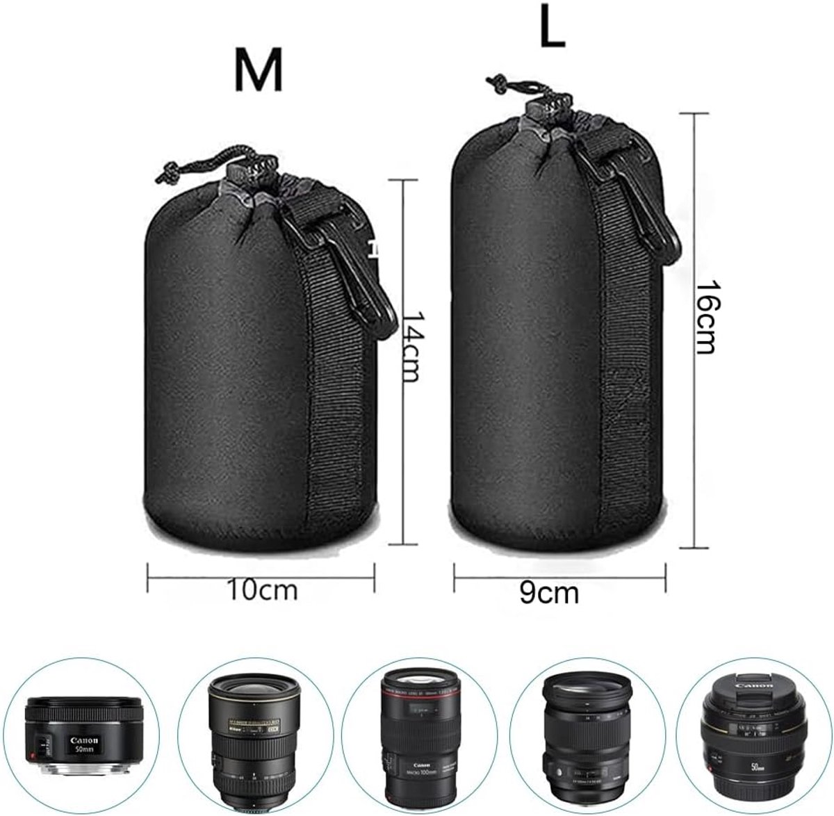 Lenszak, lenstas, lenshoes, waterdichte tas voor lens en camera, trekkoord, Zwart, 2PC(M.L) thumbnail 5