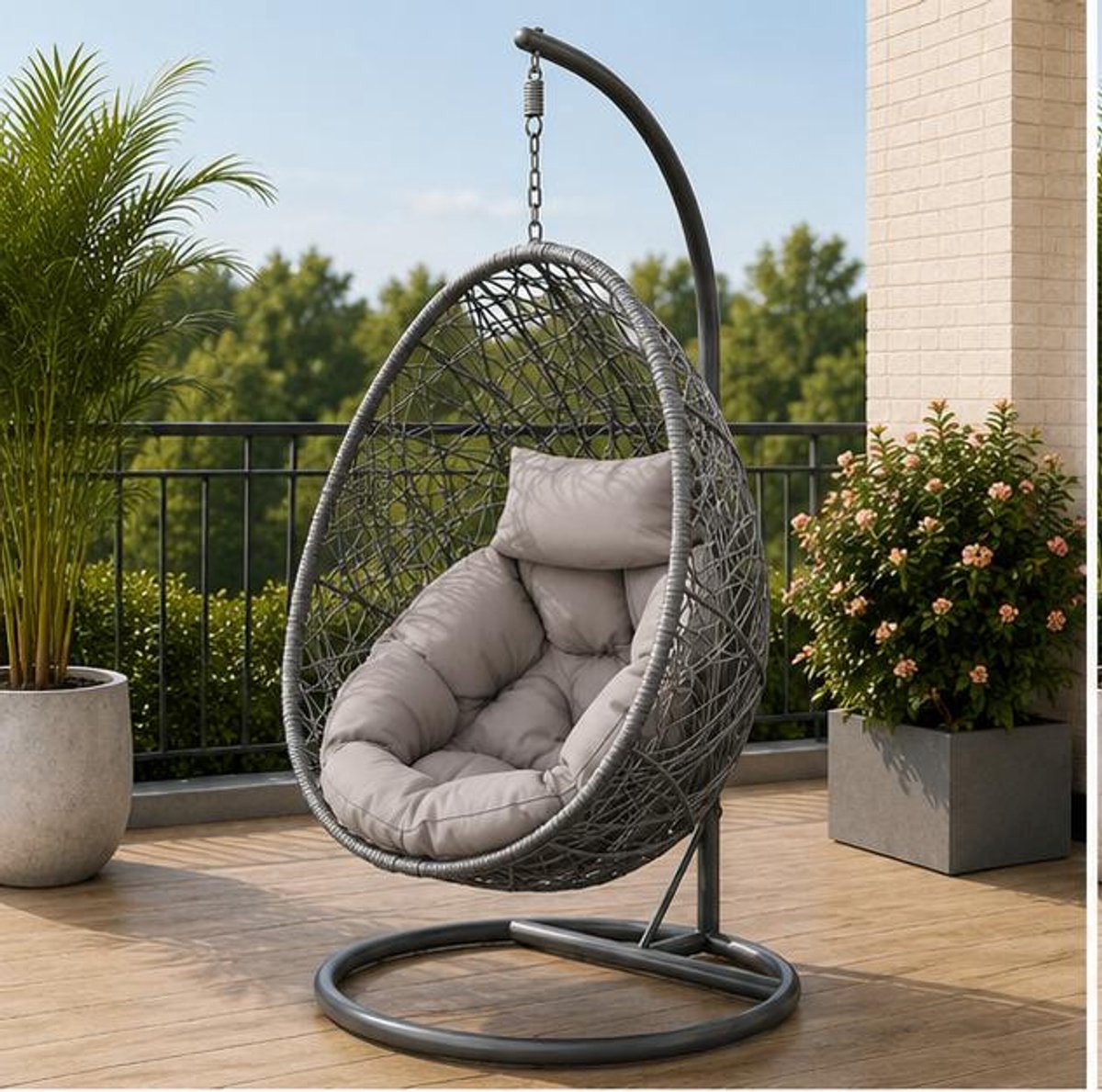 Hangstoel met Frame 195x95 cm – Hangschommel met Rugkussen en Beige Kussen – Technorattan Hangmand voor Binnen en Buiten – Stalen Frame Schommelstoel voor Balkon, Tuin en Terras – Zwart/Beige – Mobili Bella