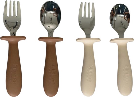 NilaFee™ Oscar - Bestekset - 4 delig - Lepel Vork - RVS - Siliconen - Kinderbestekset - Zilver - Milky - Caramel Brown