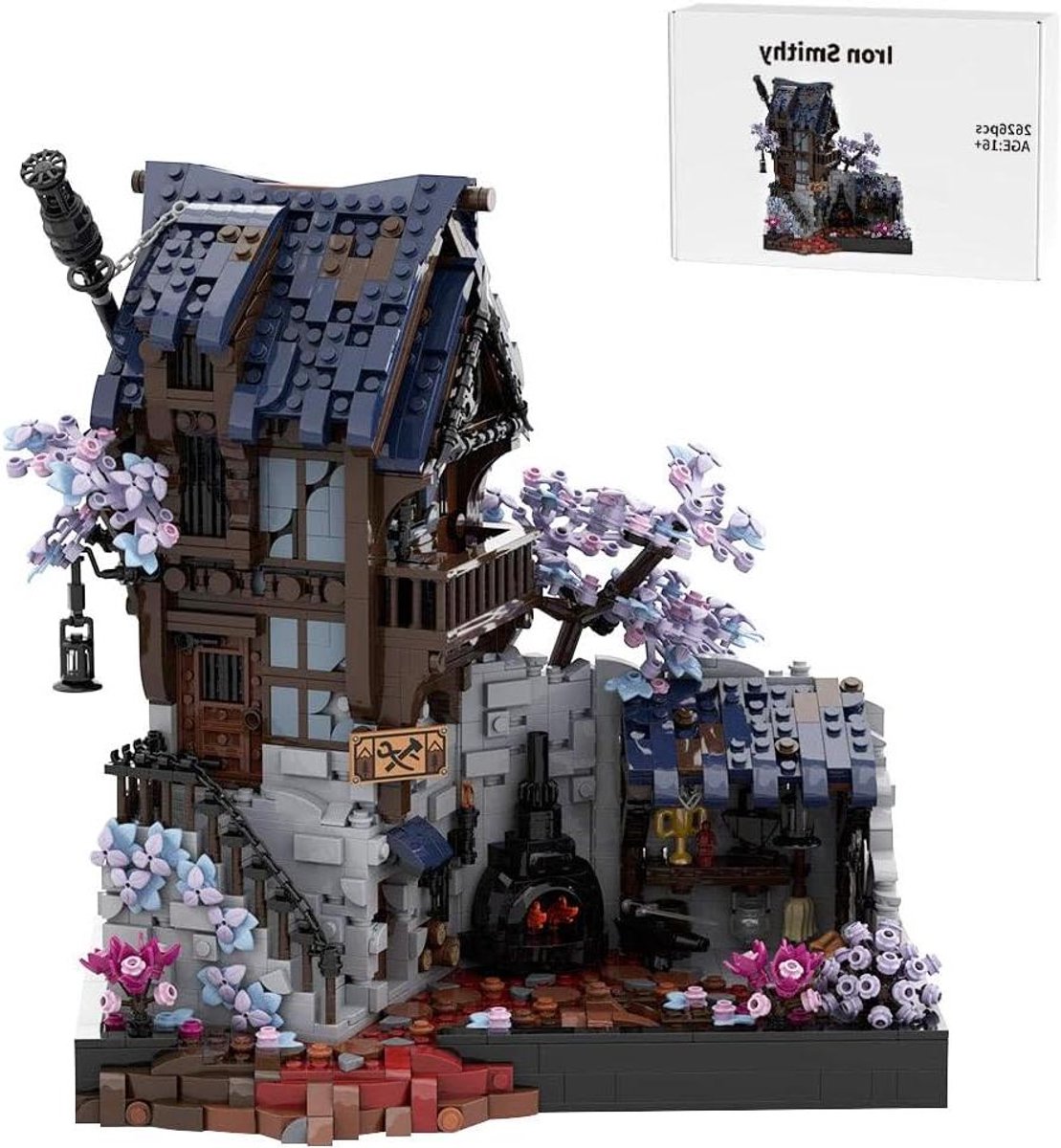 Bouwstenen Set - Architectuurmodel Smeedhuis - Creatief Bouwen - 2626 Delen - 30 cm Hoog - Bruin Blauw