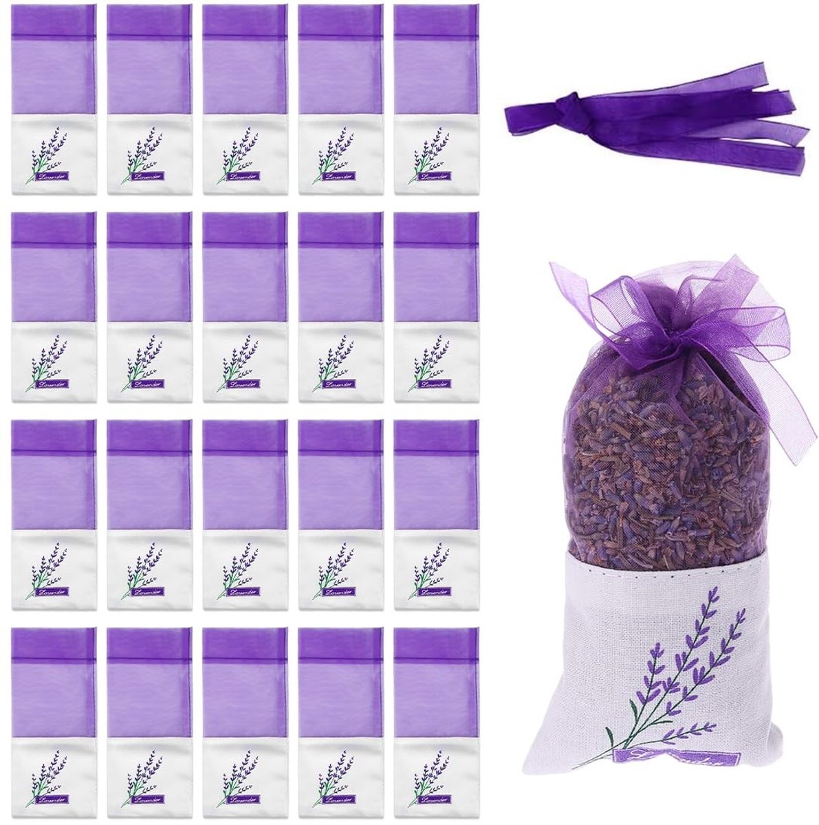 Dailygoods- Lavendelzakjes 20 Stuks - Gedroogde Lavendel - Katoenen Organza Zakjes - Mottenwerend - Duurzaam - Ademend Design - Geurzakjes