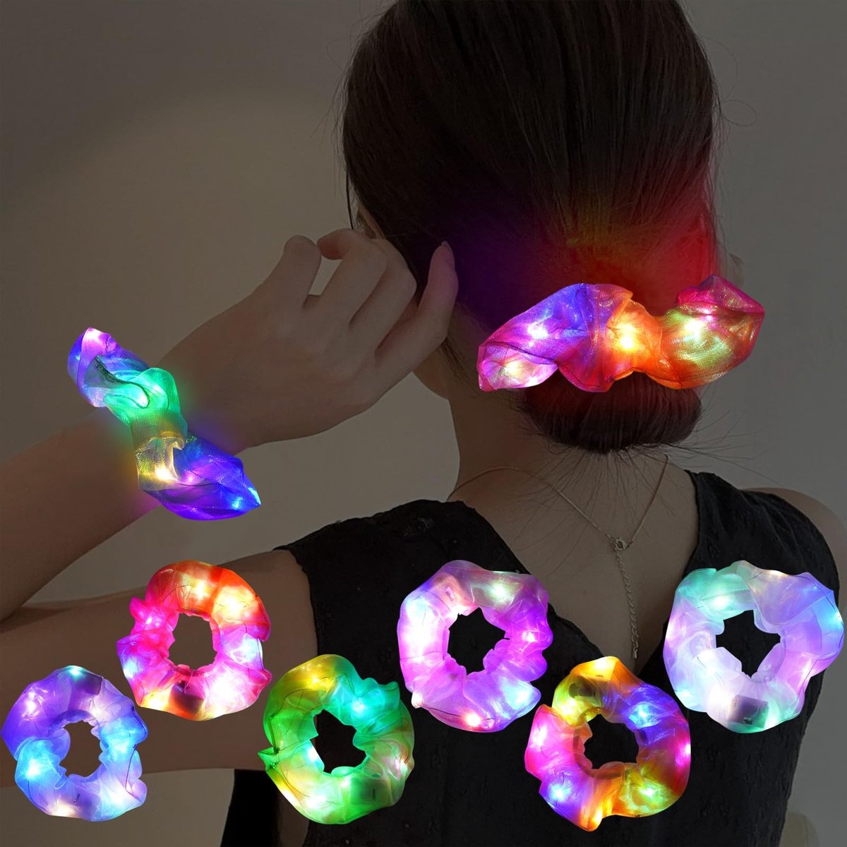 Dailygoods- Haarelastiekjes 6 stuks - Lichtgevende Haaraccessoires - Elastische Satijnen Haarsieraden - 3 Verlichtingsmodi - Comfortabel en Stijlvol - Haarband
