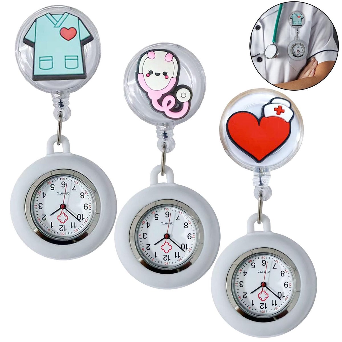 Dailygoods- Verpleegsterhorloge met clip - 3 stuks - Siliconen - Kwartsuurwerk - Analoog - Spatwaterdicht - Fobhorloge