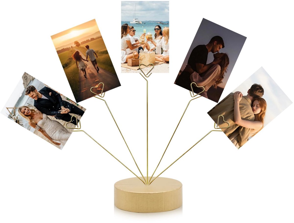 Dailygoods- Fotostandaard Hartvormig - Fotodisplay met Vijf Clips - Cadeauboomhouder - Ronde Voet - Stevig Hout - Geschikt voor Feestdagen - Fotohouder