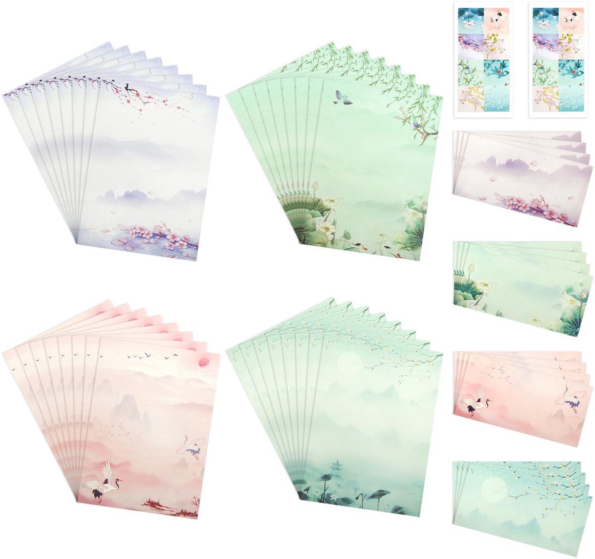 Dailygoods- Briefpapier A4 - 32 Vellen met 4 Patronen - 16 Enveloppen - Vintage Bloemen/Landschap - Perfect voor Kinderen/Studenten - Schrijfpapier