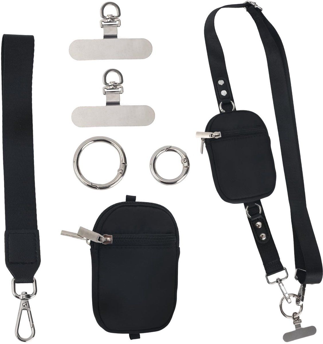 Dailygoods- Telefoonriem Verstelbaar - Telefoonkoord Crossbody - Telefoonkoord Pols - Portemonnee Set - Nylon/Roestvrij Staal - 91-140 cm
