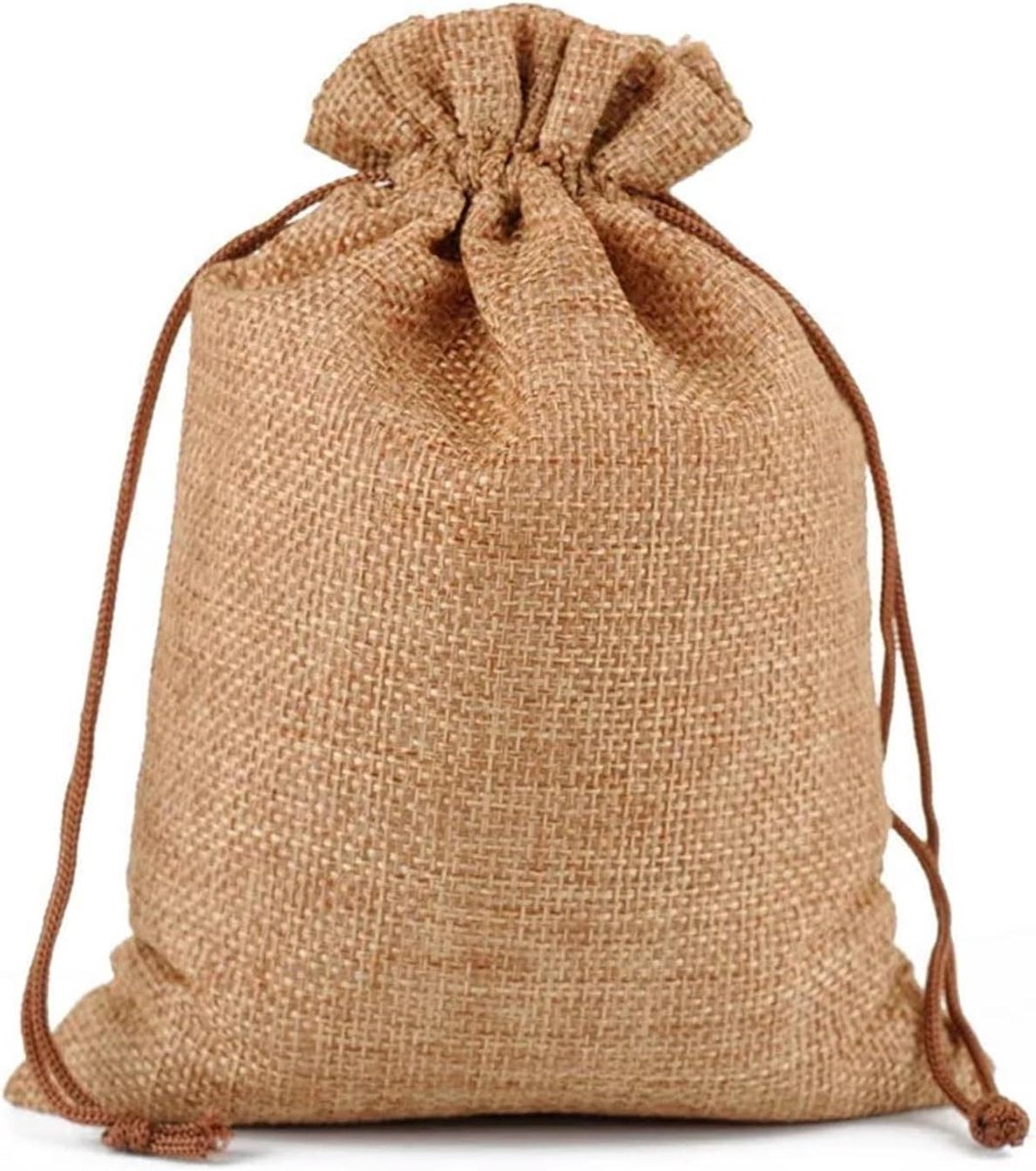 Jute Geschenkzakjes - Linnen Zakjes - Kleine Spullen Opbergen - Met Trekkoord - 5 stuks 13x18 cm - Lichte Koffie
