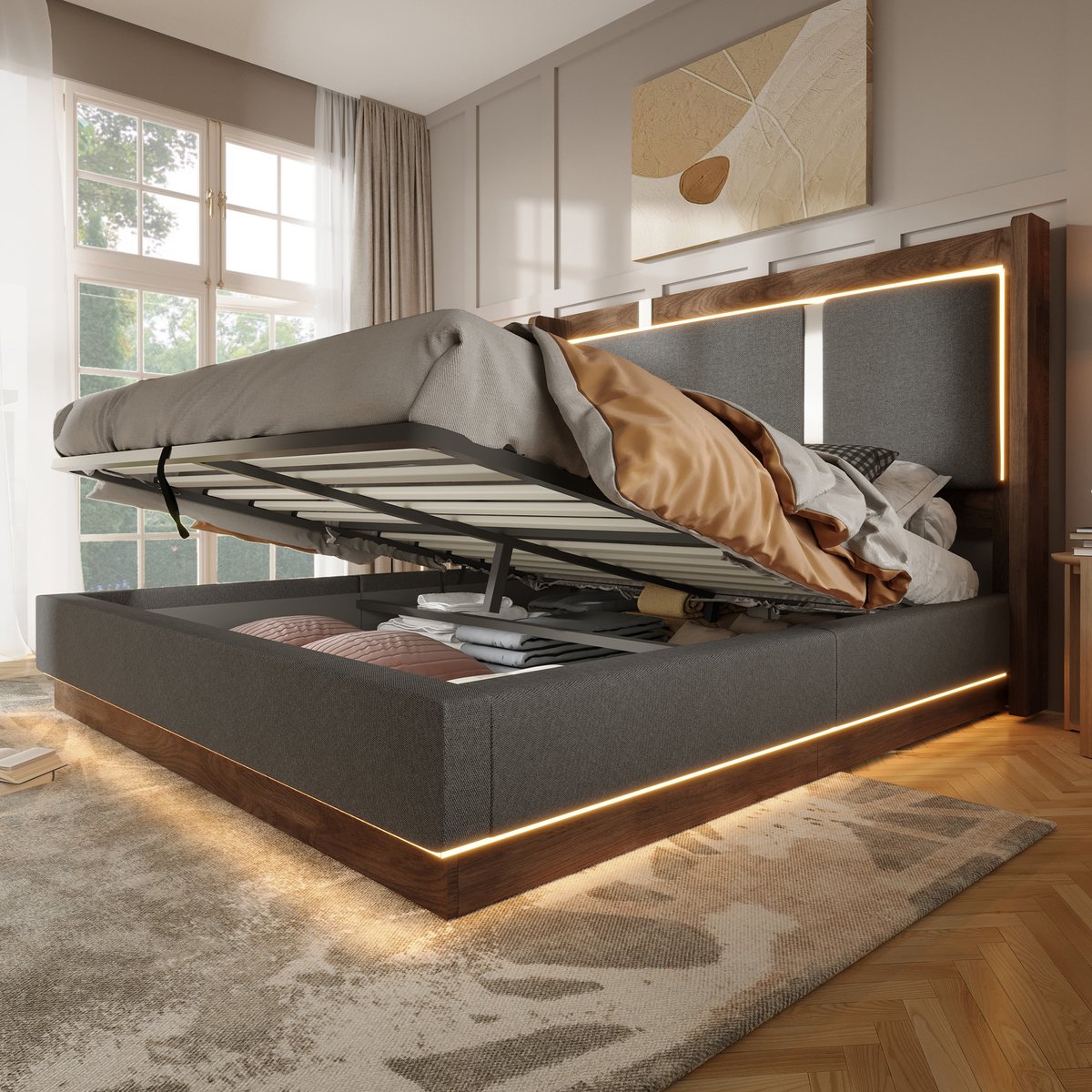 HAUSS SPOLE Gestoffeerd Bed 180x200 cm - Met Led En Opbergruimte - Hydraulisch Bed Zonder Matras - Linnen En Hout - Grijs Walnoot