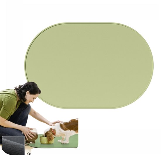 Lichtgroene huisdierenmat met een vrouw die een hond eten geeft.