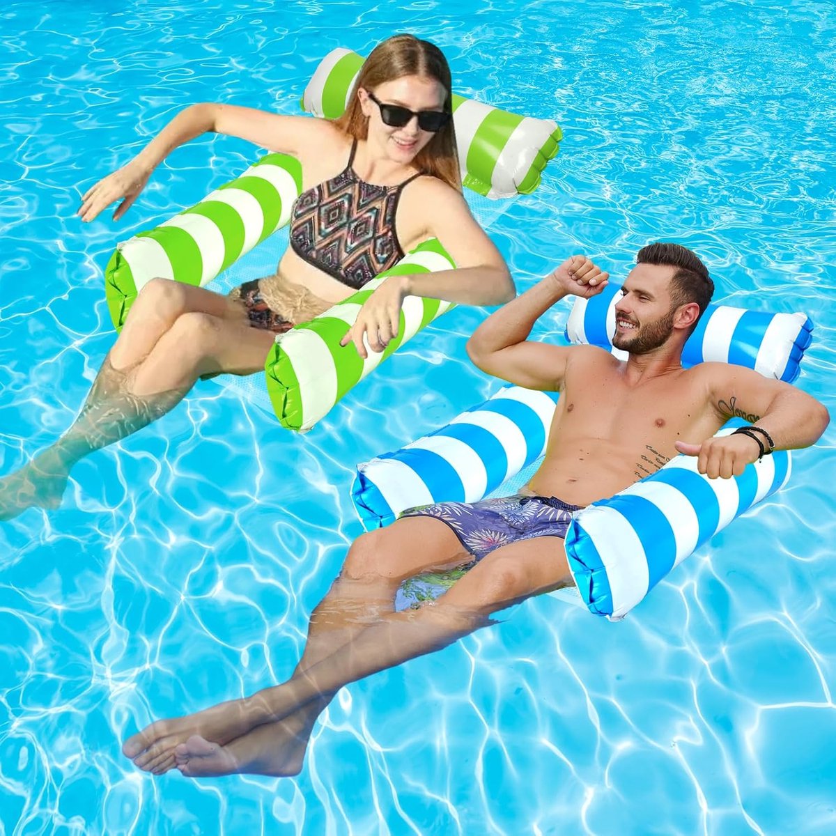 Set van 2 opblaasbare zwembadboten/zwemhangmatten met gaasbodem, 3-delige opblaasbare hangmat voor volwassenen, draagbare drijvende stoel/bed, geschikt voor op reis, zwembad en jacuzzi.