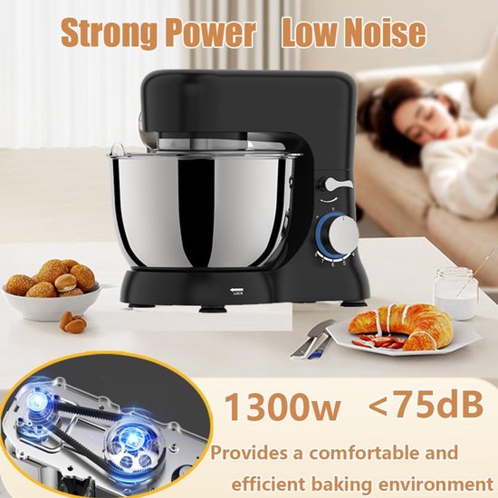 Staande mixer, keuken elektrische mixer met 4,5 Qt kom, 6+ snelheden, 1300W, inclusief deeghaak, platte klopper en draadgarde voor thuis koken — afbeelding 3
