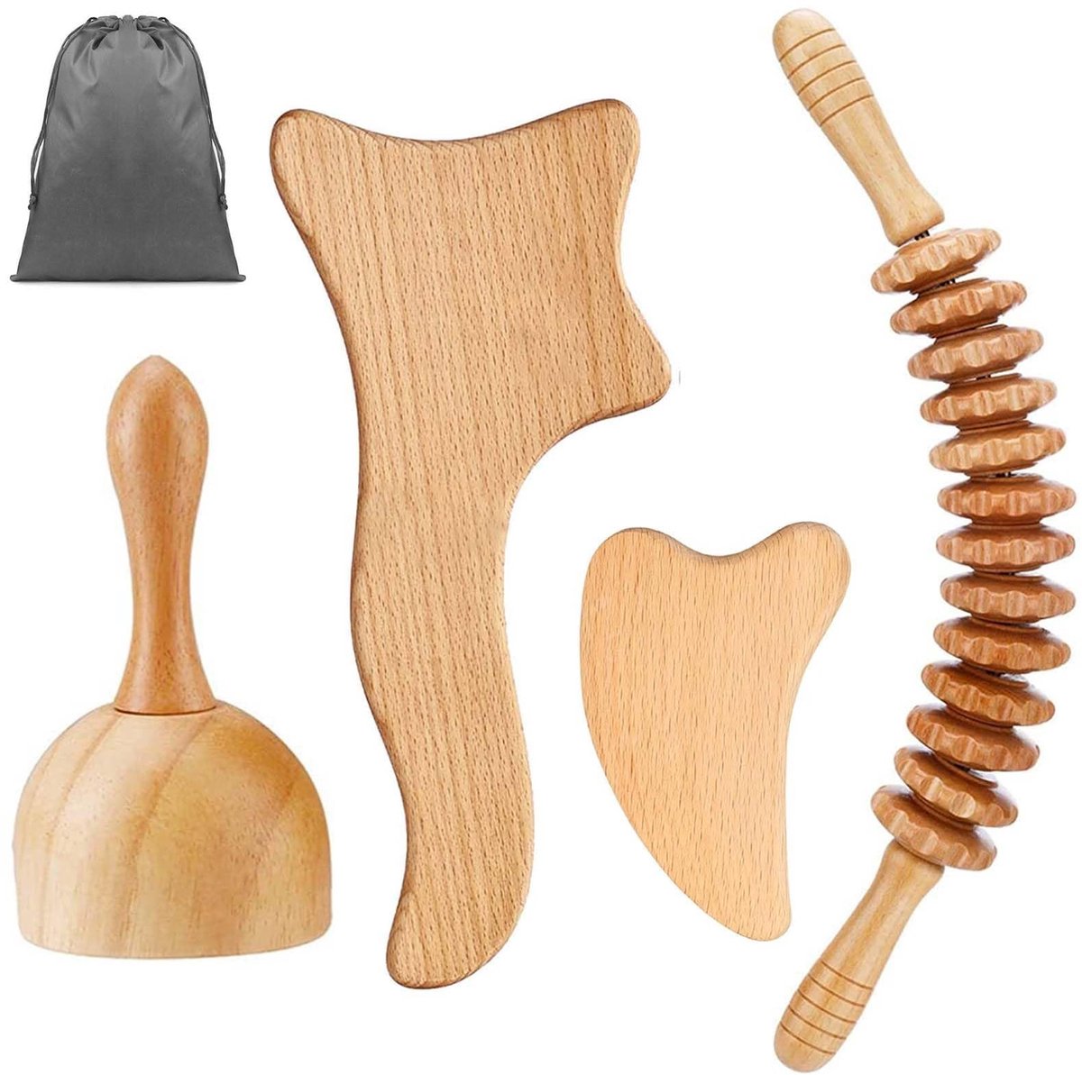 Dailygoods- Gua Sha Set 4 Stuks - Houten Massageroller/Rugkrabber - Massageapparaat voor Nek/Benen/Ogen/Rug - Pijnverlichting/Ontspanning - Maderotherapie Hout