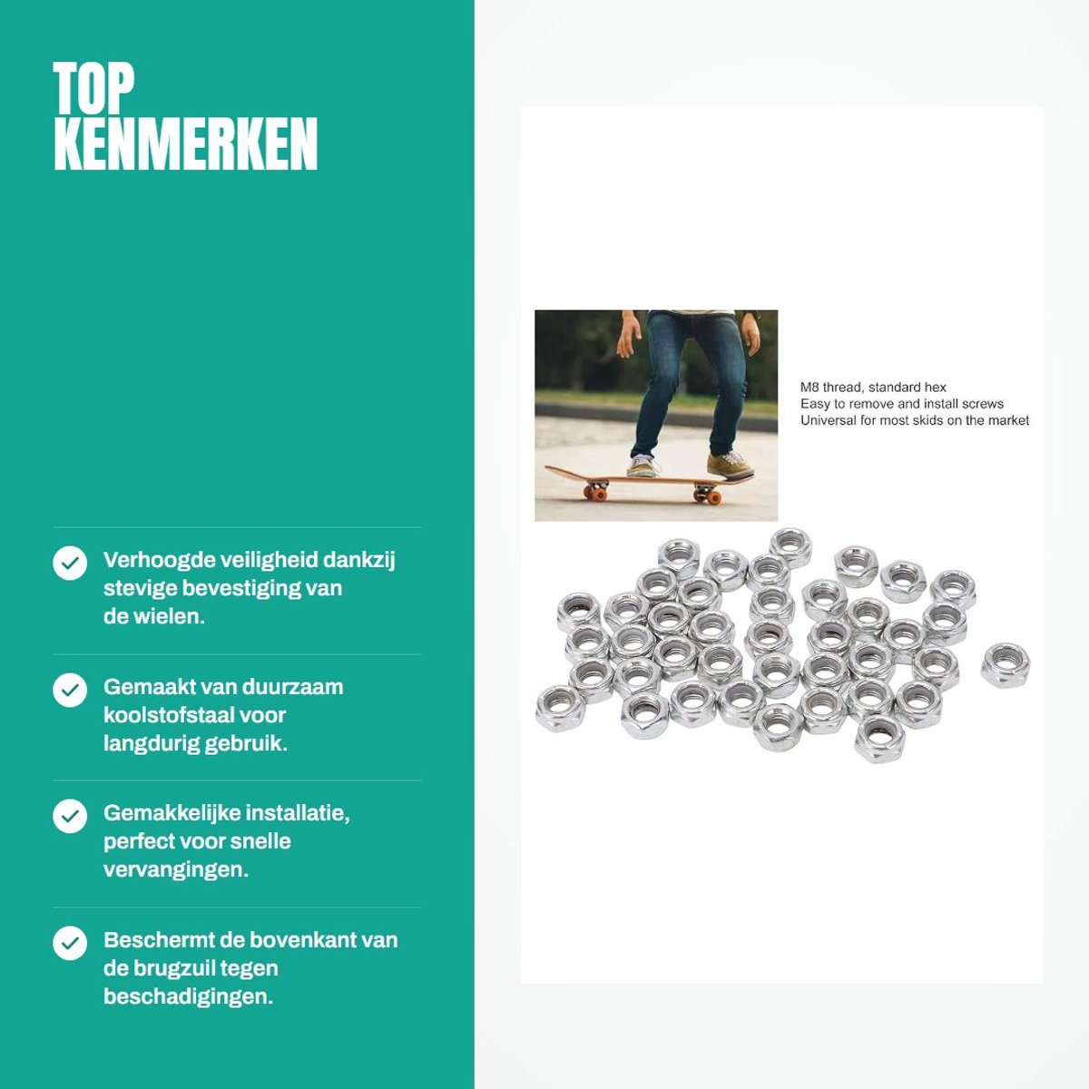 Dailygoods- Asmoeren 40 Stuks - Skateboard Trucks - Koolstofstaal - M8 Schroefdraad - Vervangingsmoeren - Universeel Gebruik - Skateboardmoeren