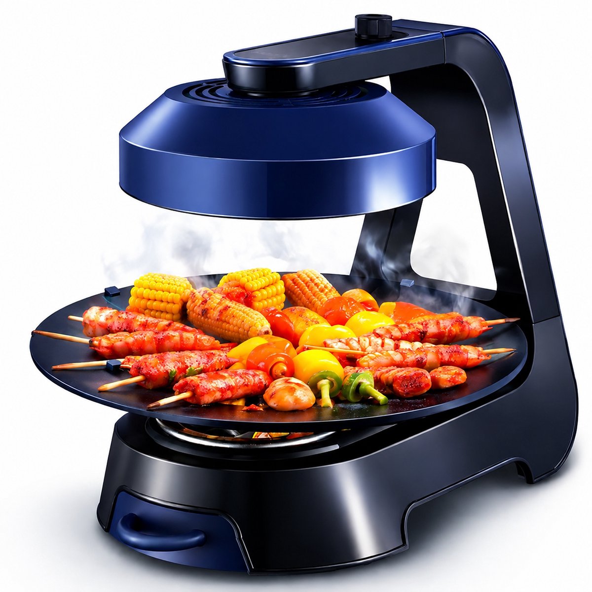 TEKROA® Infrarood Elektrische BBQ Grill 36cm Ø – Grillplaat - Funcooking Rookvrij 3D BBQ - 360° Draaibare Bakplaat, 2 Warmtestanden 695W/1390W - Koolstofvezel Infraroodfilament - Ingebouwde Opbergbox voor Olie - Blauw