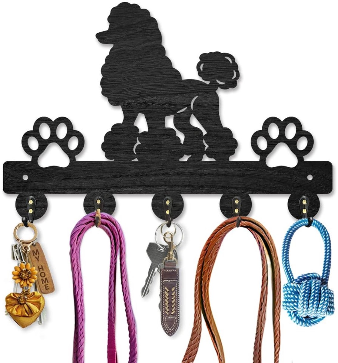 Dailygoods- Sleutelhouder Poedel Hond Design - Houten Sleutelhanger - Wandmontage - 5 Haken - Decoratie - 300 mm x 200 mm