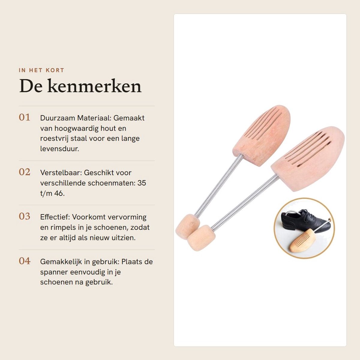Dailygoods- Schoenvormer Houten - 2 Stuks - Antideformatie - Verstelbare Veer - Schoenspanner - Roestvrij Staal - Voor Leren Schoenen - Schoenhouder