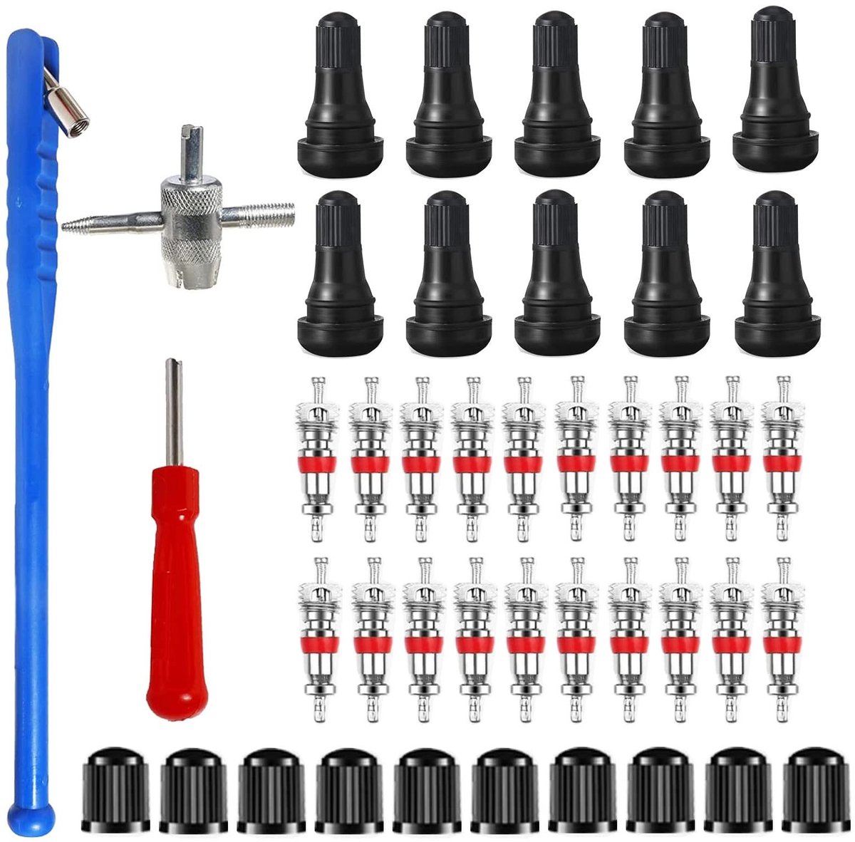 Dailygoods- Bandenventielverwijderaar 43 Stuks - Bandenreparatiegereedschap - Ventielgereedschapset - Ventielkernen/ventieldopjes - 4 in 1 Reparatiegereedschap - Hoogwaardige Kwaliteit - Ventielgereedschap