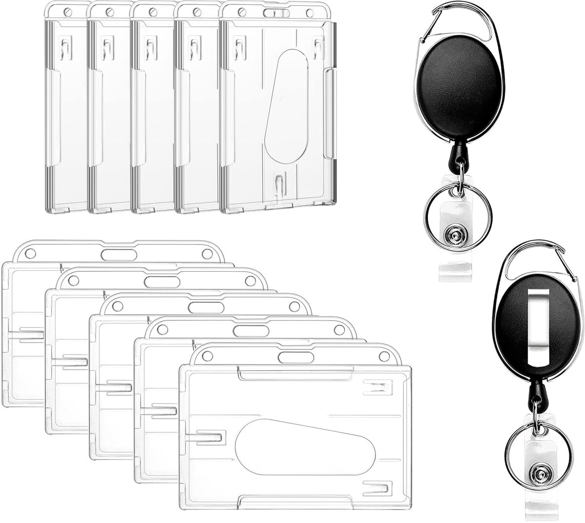 Dailygoods- ID-kaarthouder 5 stuks horizontaal/verticaal - intrekbare ID-kaarthouder - sleutelrol - hard plastic - transparant - 2 draagmogelijkheden - Identificatiehouder