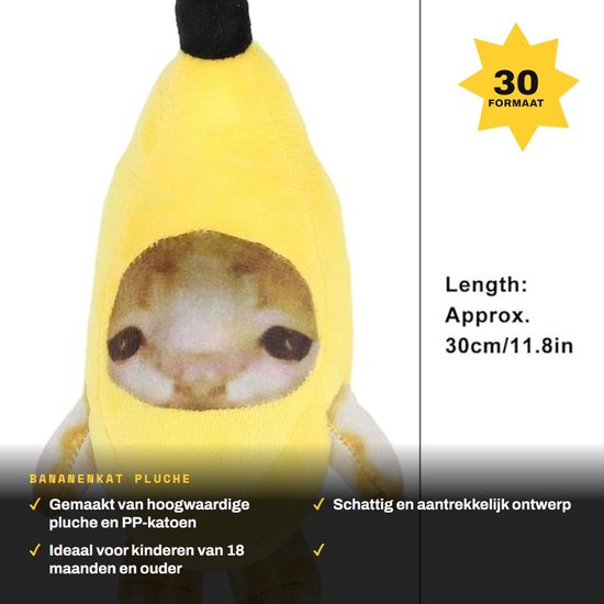 Bananen Speelgoed Pluche Knuffel - Bananenkat - Stressverlichtend Dier - Thuisdecoratie - Premium Pluche - 30 cm — afbeelding 2