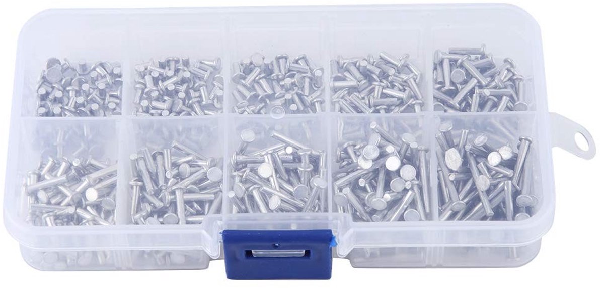 Dailygoods- Klinknagel Stevig - 500 Stuks - Massief Aluminium - Platte Kop - Klinknageldoos - M2 3 Mm 18 Mm Lengte - Popnagel